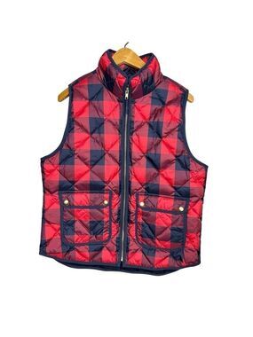 J. Crew Women’s Red & Black Plaid Sleeveless Puffer Vest Jacket Size L
